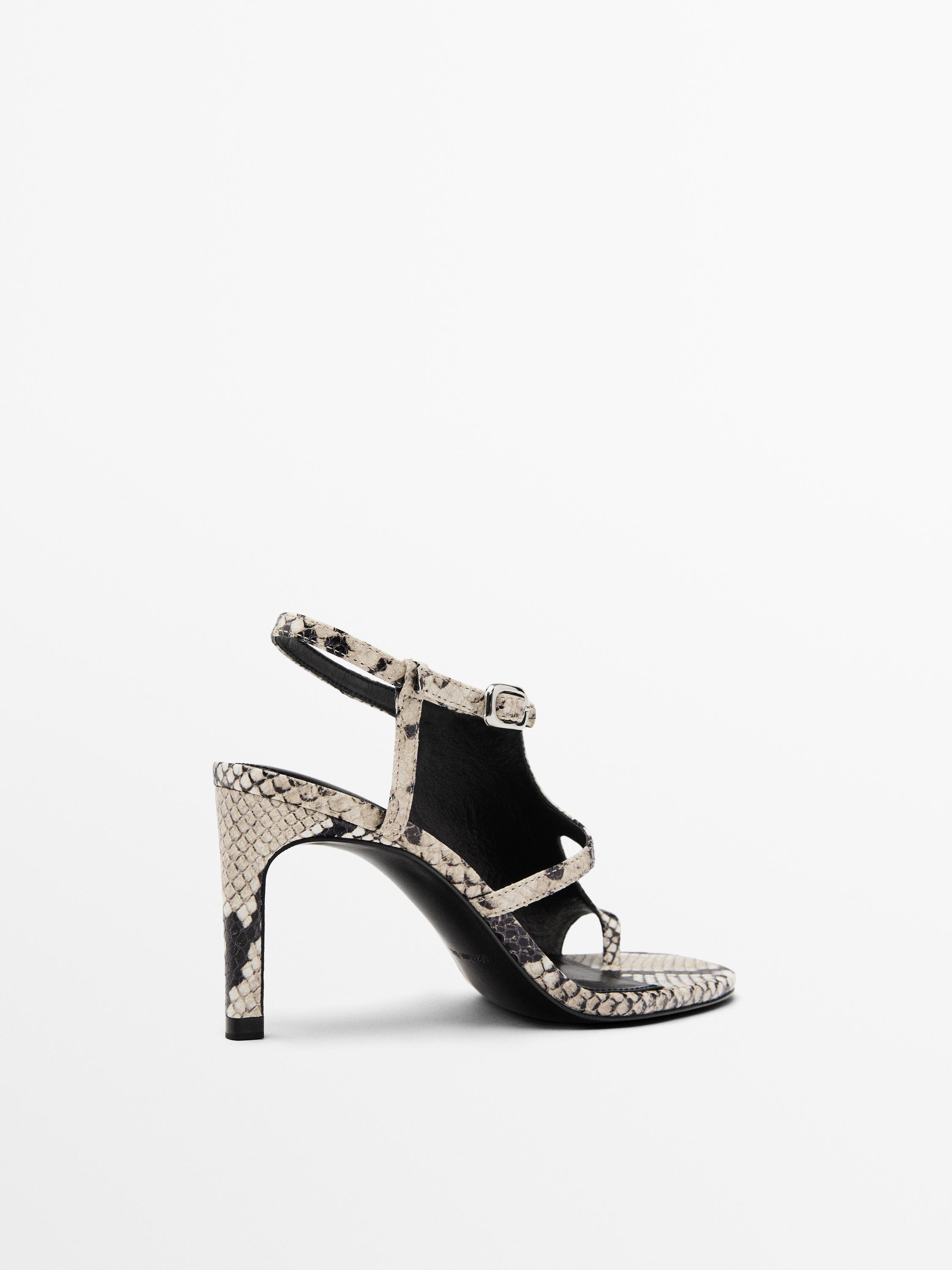 Asymmetric printed high-heel sandals